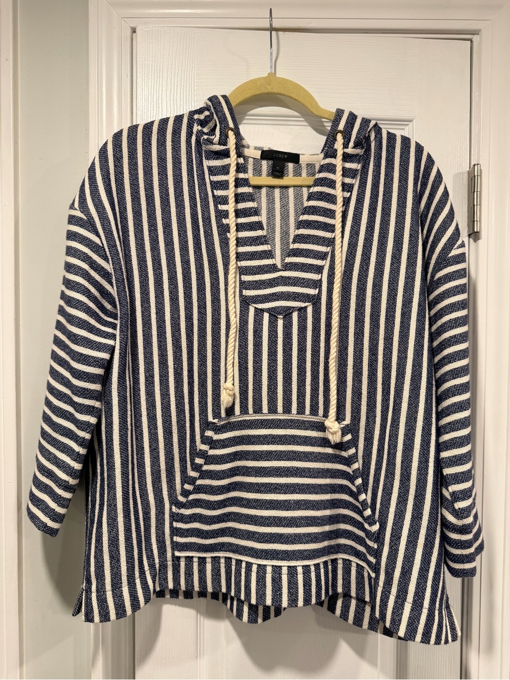 J.Crew Size M Striped Baja Hoodie Pullover Sweater Blue White Coastal Beach